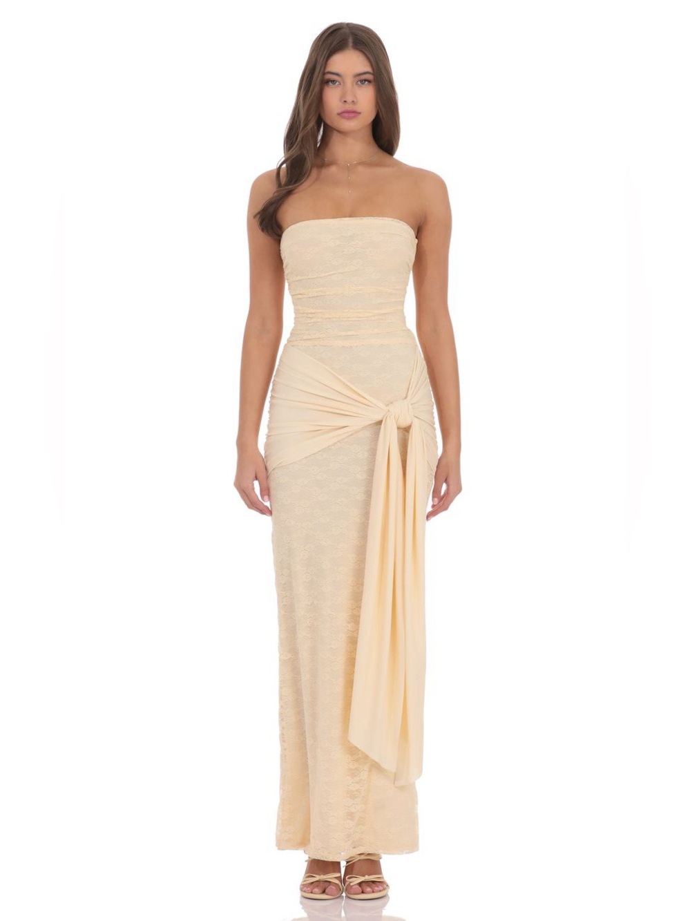 Lucy In The Sky Strapless Lace Tassel Wrap Maxi Dress in Vanilla